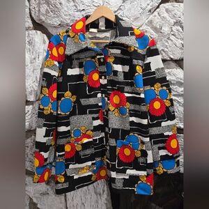 Vintage 70's Flower Power Polka Dot Long Sleeve Button Up Top Women's Size Large